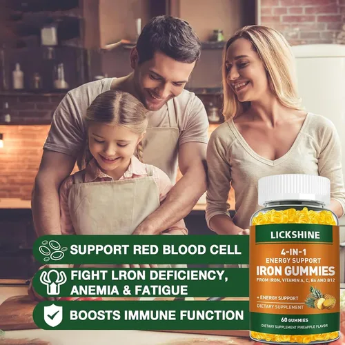 Miniatura 4 de Paquete de 2 gomitas veganas de suplemento de hierro de 100 mg para mujeres y hombres, con vitamina C, A, B para adultos y niños, apoyo energético