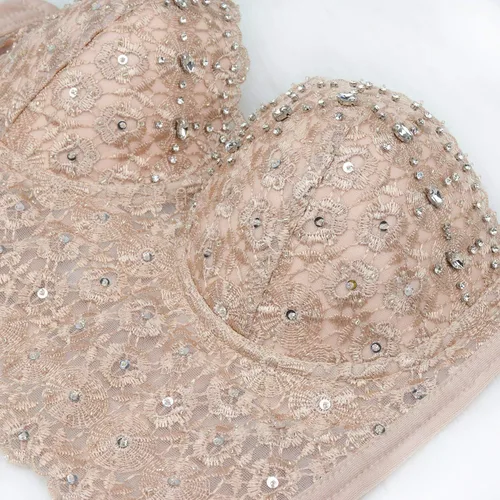 Miniatura 4 de ELLACCI Sujetador corto de malla sexy con diamantes de imitación para mujer