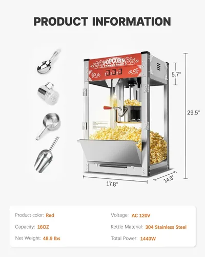 Miniatura 7 de Máquina comercial de palomitas de maíz de 16 onzas, 1440 W, máquina de palomitas de maíz de cine, máquina de palomitas de maíz de mesa roja con Rojo