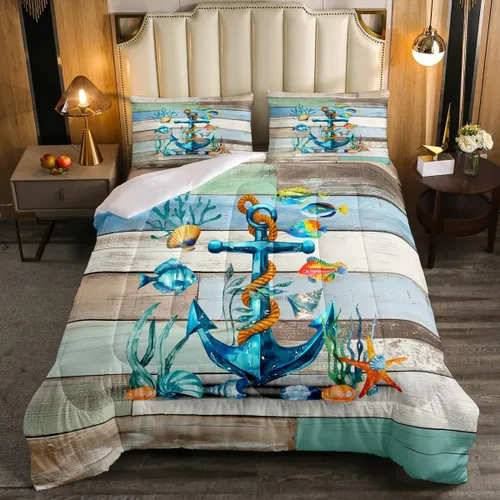 Miniatura 13 de Juego de edredón de tortuga marina para niños, tamaño individual, juego de ropa de cama con brújula náutica del océano, juego de edredón retro