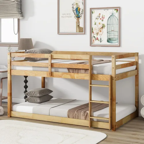 Miniatura 21 de Litera de tamaño individual sobre individual, litera de piso con escalera, barandillas de seguridad, literas de madera para camas individuales