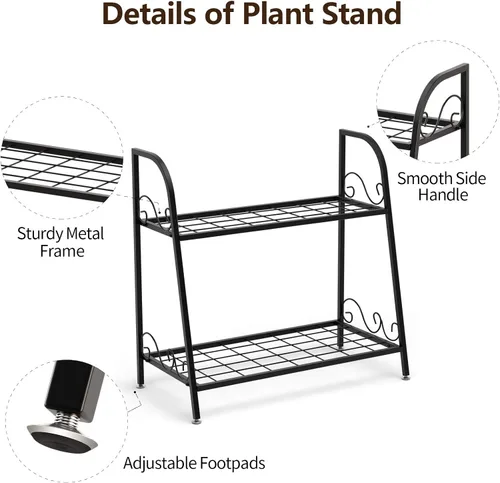 Miniatura 5 de Giantex Soporte de metal de 2 niveles para plantas, estante para plantas de interior y exterior, estante de exhibición de flores, soporte