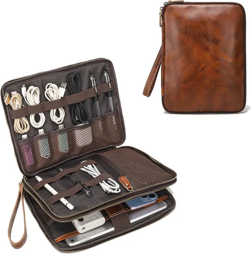 Miniatura 7 de LANNSYNE Bolsa de accesorios de cable de viaje de cuero de grano completo, organizador electrónico, estuche de almacenamiento de doble capa