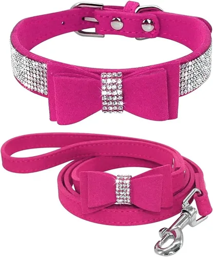 Miniatura 8 de Beirui Collar de piel con diamantes de imitación para perro y gato, con diamantes de cristal brillantes y tachuelas, bonito lazo doble para Rosa