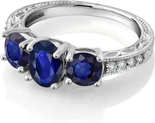Miniatura 78 de Gem Stone King Anillo de compromiso de 3 piedras preciosas de oro blanco de 10 quilates con piedra natal y diamantes cultivados en laboratorio