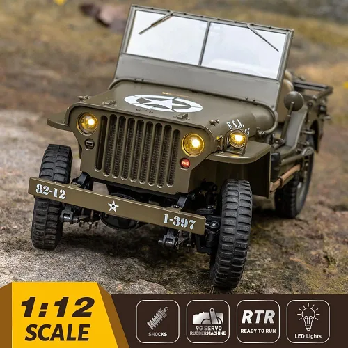 Miniatura 2 de FMS RocHobby - Vehículo RC 1/12 1941 MB Scaler Willys Jeep Control Remoto Crawler Camión Militar 4x4 Todoterreno con Transmisor, Batería y Cargador