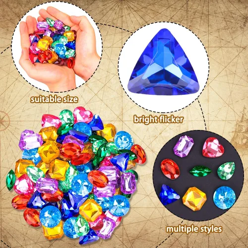 Miniatura 3 de Vellibring 180 piezas de juguetes de gemas del tesoro pirata, acrílico falso, gemas brillantes, juguetes coloridos de playa, joyas piratas, juguetes
