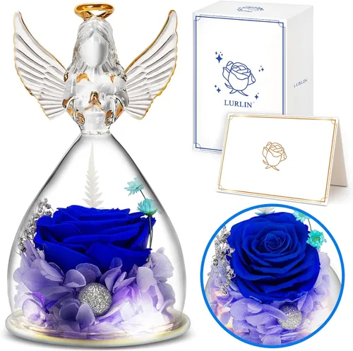 Flores de cumpleaños para mujer: regalo de rosa preservada para mamá, abuela, esposa, amiga, enfermera; figuras de ángel de cristal con luz LED