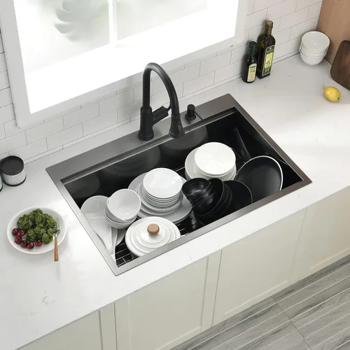 Miniatura 8 de Fregadero de cocina de 33 x 22 pulgadas, fregadero de cocina negro de 33 pulgadas, fregadero de estación de trabajo de acero inoxidable 304 negro