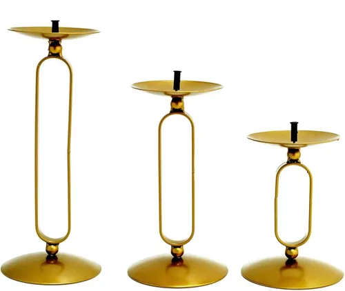 Efavormart - Juego de 3 portavelas de metal dorado, diseño geométrico ovalado, centros de mesa, varios tamaños
