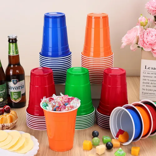 Miniatura 4 de KesaPlan Paquete de 100 vasos de plástico neón de 16 onzas en verde, rojo, naranja y azul, desechables coloridos para fiestas, bebidas frías a Verde