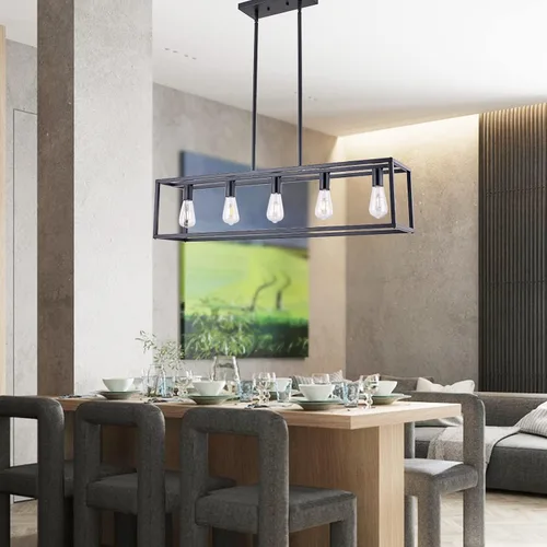 Miniatura 3 de Lámparas de Cocina para Comedor, Candelabros Rectangulares de Estilo Granja para Comedores, Lámpara Colgante Industrial de 5 Luces en Negro Mate