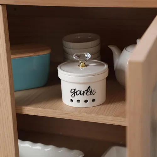 Miniatura 5 de Soporte de ajo con tapa de cristal, contenedor de ahorro de ajo de cerámica de 12.5 oz para encimera, decoración de cocina de estilo granja (Oro)
