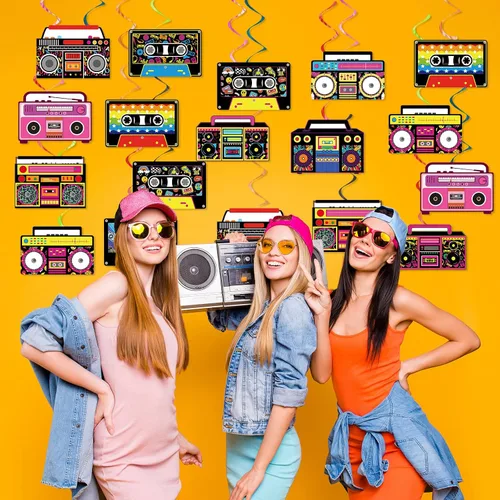 Miniatura 6 de 60 espirales colgantes retro Boombox de los años 80 y 90 para fiesta, decoración colgante de cassette, cinta de casete, serpentinas de techo
