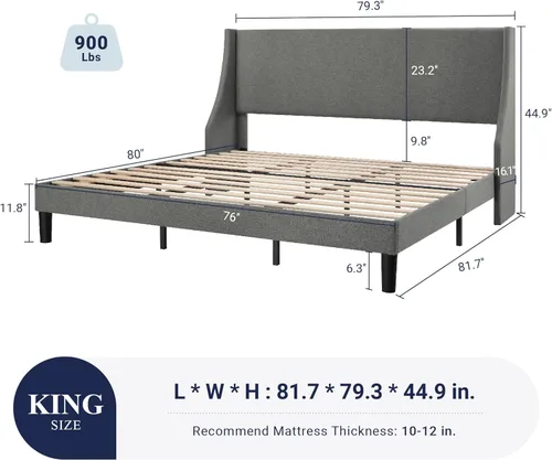 Miniatura 2 de Allewie Marco de Cama de Plataforma Tamaño King con Cabecera Tapizada, Respaldo Wingback Moderno de Lujo, Soporte de Listones de Madera, Base