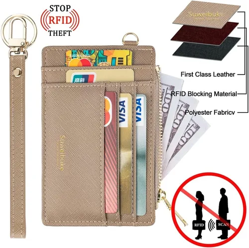Miniatura 4 de Wikavanli Funda delgada para mujer con bloqueo RFID para tarjetas de crédito, tarjetero con cremallera para identificación, cartera pequeña