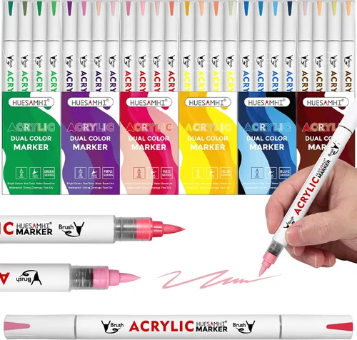 Acrylic Paint Markers, 24 Pack Dual Tip Brush Pens - 48 Colors Double Ended Permanent Markers for Rock Painting, Ceramic, Glass, Wood, Canvas & Art