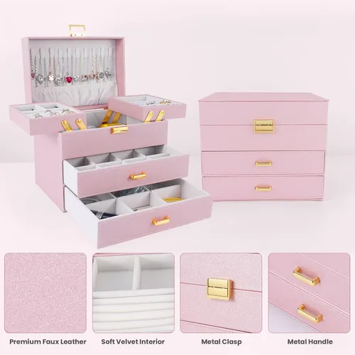 Miniatura 5 de Dajasan Cajas de joyería para mujeres y niñas, organizador de almacenamiento de joyas, 4 capas, caja organizadora de joyas grande con 2 cajones