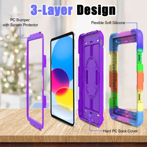 Miniatura 8 de Funda para iPad de 10.9 pulgadas 2022, duradera, ligera, a prueba de golpes, con soporte para lápices, soporte giratorio de 360º, correa