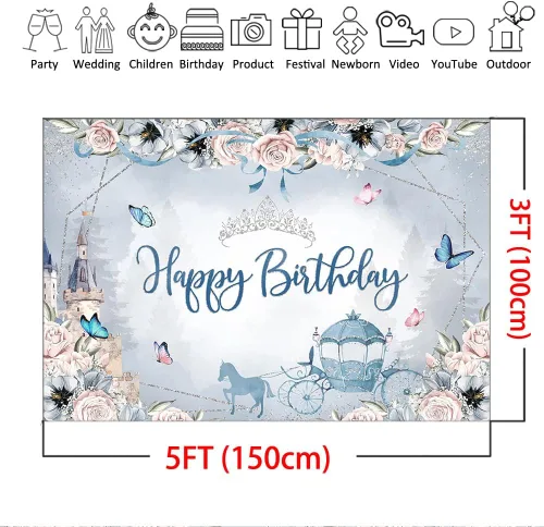 Miniatura 4 de Mocsicka Telón de fondo de cumpleaños de princesa azul, castillo floral, carruaje, corona plateada, mariposa, decoraciones de cumpleaños para niñas