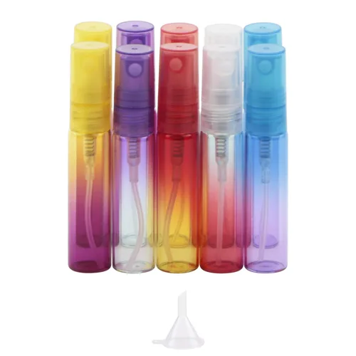 Miniatura 10 de Juego de 10 botellas pulverizadoras de muestra, botellas de vidrio vacías de 0.17 onzas líquidas con embudo, pequeños frascos rociadores Gradiente