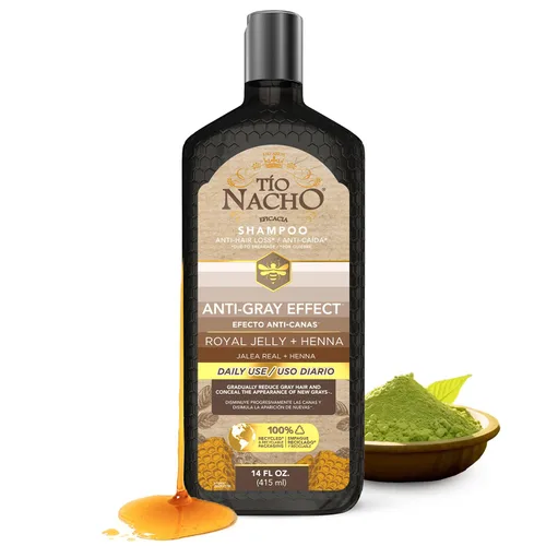 Tio Nacho Champú anti-efecto gris con henna y jalea real, champú de tóner para el cabello para mujeres y hombres, champú de color natural de henna