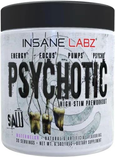 Insane Labz Psychotic SAW®, Polvo de preentrenamiento de alta estimulación con OxyGold­™ y AMPiberry®, energía extremadamente duradera con