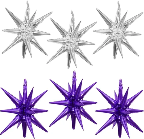 Miniatura 34 de 6 Globos de Papel de Aluminio con Forma de Estrella Negra de Una Pieza, Globo de Estrella de 14 Puntas 4D Cono Starburst de Mylar de 22 Pulgadas