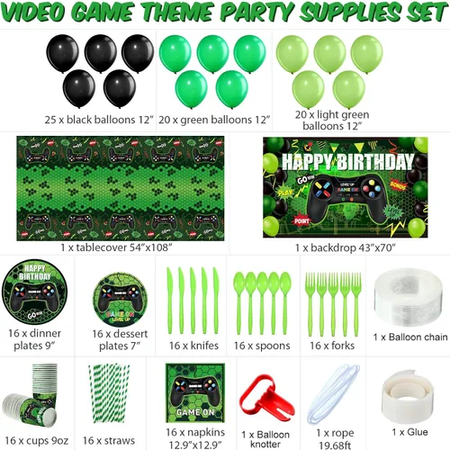 Miniatura 2 de Tatuo 152 piezas de suministros para fiesta de cumpleaños de videojuegos, cubierta de mesa para fiesta de jugadores, telón de fondo de feliz