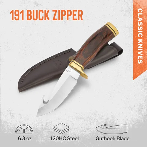 Miniatura 2 de Buck Knives 191 Buck - Cuchillo de caza con cremallera, hoja fija de 4-1/4 pulgadas, mango de madera, hoja de acero inoxidable 420HC, funda Marrón