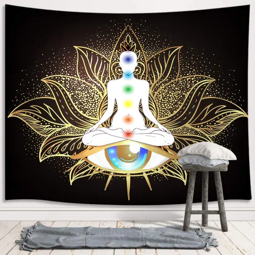 Miniatura 3 de JAWO Tapiz de meditación, decoración de yoga, pequeño tapiz para colgar en la pared para dormitorio, tapiz de loto negro dorado, póster de manta