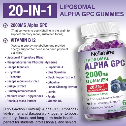 Miniatura 3 de Liposomal Alpha GPC 2000mg y Gomitas de Citicolina Complejo Fosfatidilserina, Ginkgo Biloba, L-Tirosina, Huperzina A y B Vitaminas, Mezcla 20 en 1