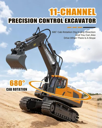 Miniatura 3 de HuiJuKeJi Juguete de excavadora de control remoto de 11 canales, vehículo de construcción RC recargable de 2.4 GHz para niños, rotación de 680°