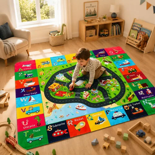 Miniatura 13 de Alfombra de juego para niños, alfombra de tráfico para carretera, 118 x 78.7 pulgadas, para sala de juegos, transporte ABC, alfombra educativa