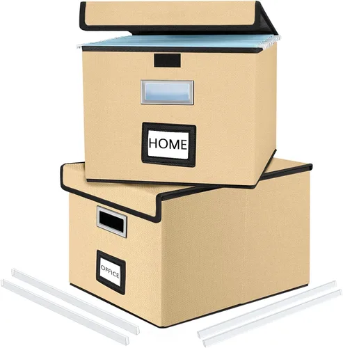 Miniatura 55 de Caja Organizadora de Archivos con Tapa, Caja Organizadora Plegable de Cuero Sintético para Carpetas Colgantes con Rieles de Plástico, Cajas (cuero)