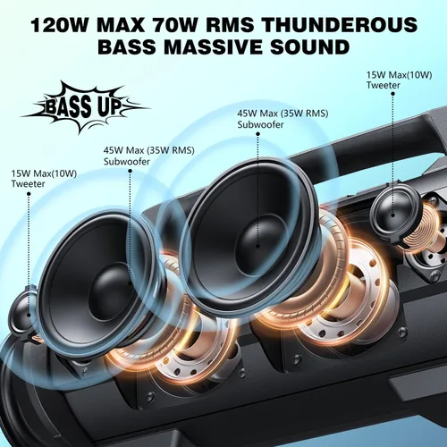Miniatura 4 de W-KING Altavoz Bluetooth portátil con micrófono inalámbrico, 120 W pico 70 W RMS altavoces Bluetooth impermeables para exteriores, graves 110 dB, 42