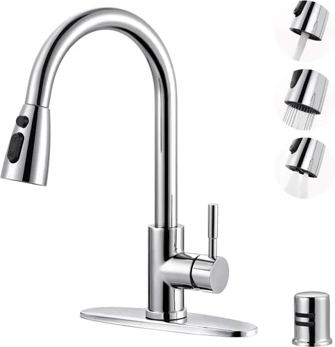 Miniatura 8 de WOWOW - Grifo de cocina cromado con rociador, grifo de fregadero de cocina extraíble de acero inoxidable con placa de cubierta, grifo de cocina