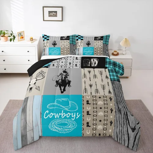 Miniatura 32 de Juego de edredón de vaquero, tamaño King, juego de ropa de cama de herradura con estrellas del oeste de Texas para adultos, hombres y niños, ropa