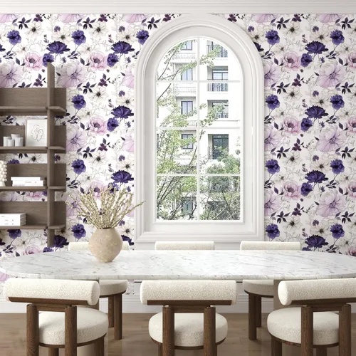 Miniatura 3 de Papel tapiz floral de acuarela para despegar y pegar, papel de contacto de flores morado/blanco/rosa, papel de pared botánico, autoadhesivo