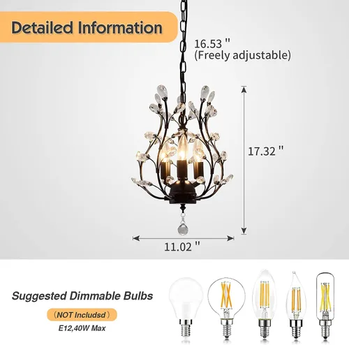Miniatura 3 de CVKASH Candelabro de Cristal de Rama de 3 Luces Pequeño Montaje al Ras Colgante Vintage Iluminación Colgante Estilo Granja Accesorio de Luz