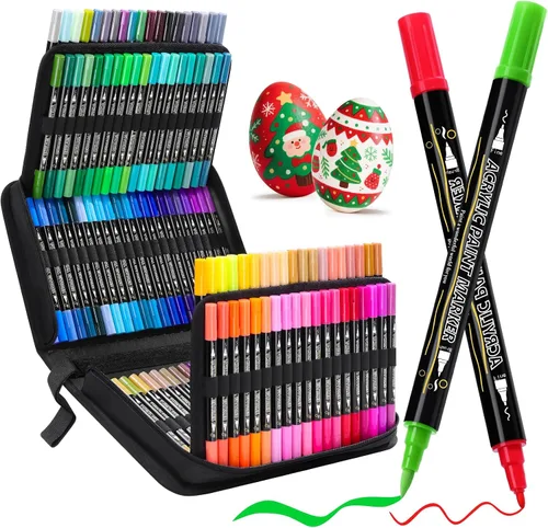 Tongfushop 120 colores (12 metálicos) marcadores de pintura acrílica, doble punta fina y punta de pincel, no se corre y de secado rápido con estuche