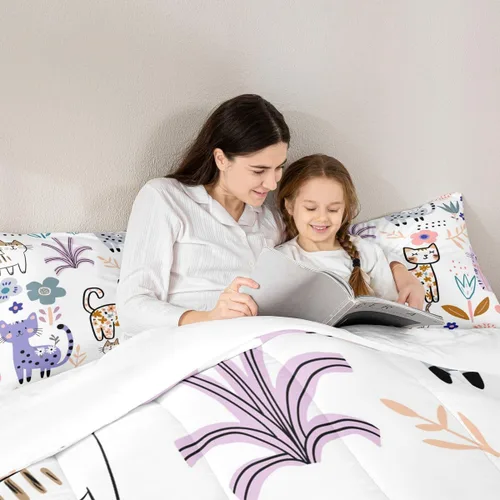 Miniatura 6 de Feelyou Juego de edredón de dibujos animados de gatos, juego de edredón de gatitos y flores, para niños, niñas, adolescentes, mascotas, gatos, juego