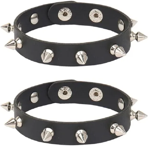 Fuqimanman2020 Juego de pulseras de cuero punk con remaches de imitación con tachuelas, correa gótica negra para hombres y mujeres, motociclista,