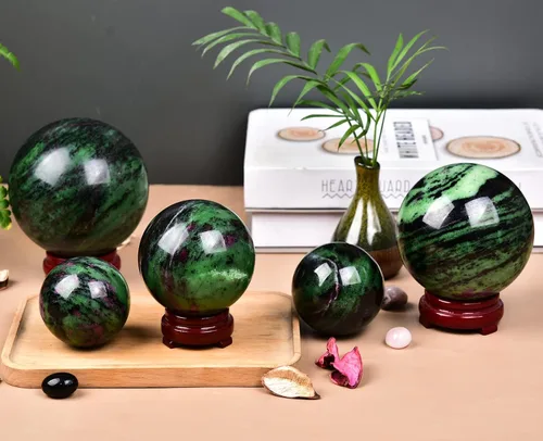 Miniatura 5 de JIC Gem Esfera grande de piedra preciosa de rubí zoisita bola de cristal curativa esfera de cristal rojo y verde con soporte de madera bola