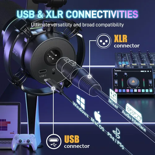 Miniatura 5 de MAONO Kit de micrófono dinámico XLR/USB, paquete de micrófono RGB para juegos para podcast Studio Streaming Grabación Vocal PD200X+BA20 Negro