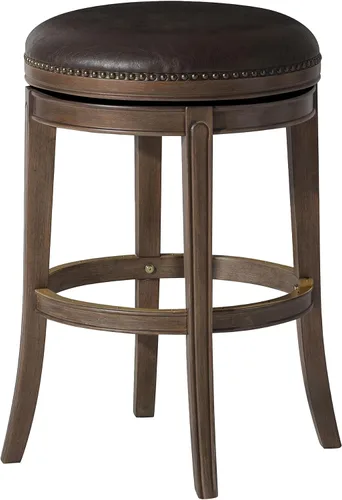 Maven Lane Alexander Taburete de bar sin espalda de 31 pulgadas con reposapiés, madera maciza marrón y tapicería sintética marrón oscuro, ideal para