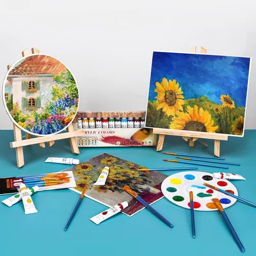 Miniatura 8 de ESRICH Juego de lienzo de pintura acrílica, kit de 52 piezas de suministros de pintura profesional con 2 caballetes de madera, 2 x 12 colores, 2 x