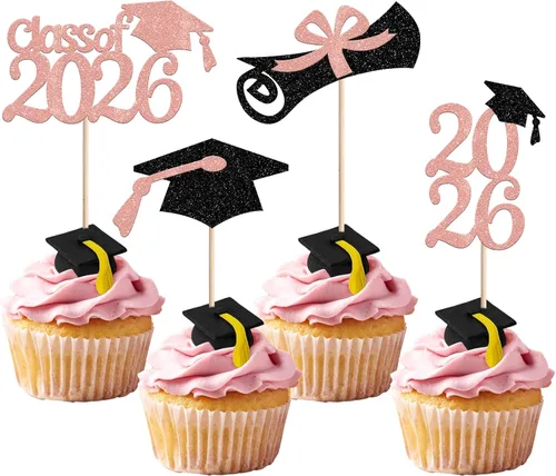 Miniatura 13 de Rsstarxi Paquete de 24 adornos para cupcakes de graduación 2026, con purpurina azul, para la clase de 2026, para diplomas, 24 piezas (6 diseños)
