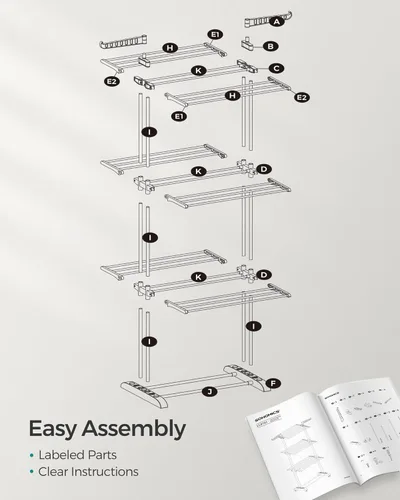 Miniatura 8 de SONGMICS Tendedero para Ropa de 4 Niveles, Tendedero Plegable para Secado de Ropa de 173 cm de Altura, Acero, Carrito para Secar Ropa, Fácil de Gris