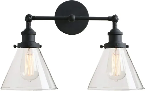 Miniatura 16 de PERMO Aplique doble cromado industrial de 2 luces, apliques de pared con pantalla de vidrio transparente acampanada en forma de embudo, luz